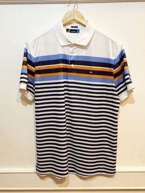 J.Lindeberg Golf Polo with Navy, Light Blue & Orange Stripes in Great condition